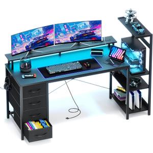59 Inch Gaming Desk with LED Lights and Power Outlets, Computer Desk with Storage Shelves, Fabric Drawers, Monitor Stand & Side Hook, Reversible Gamer Table for Home Office, Carbon Fiber Black