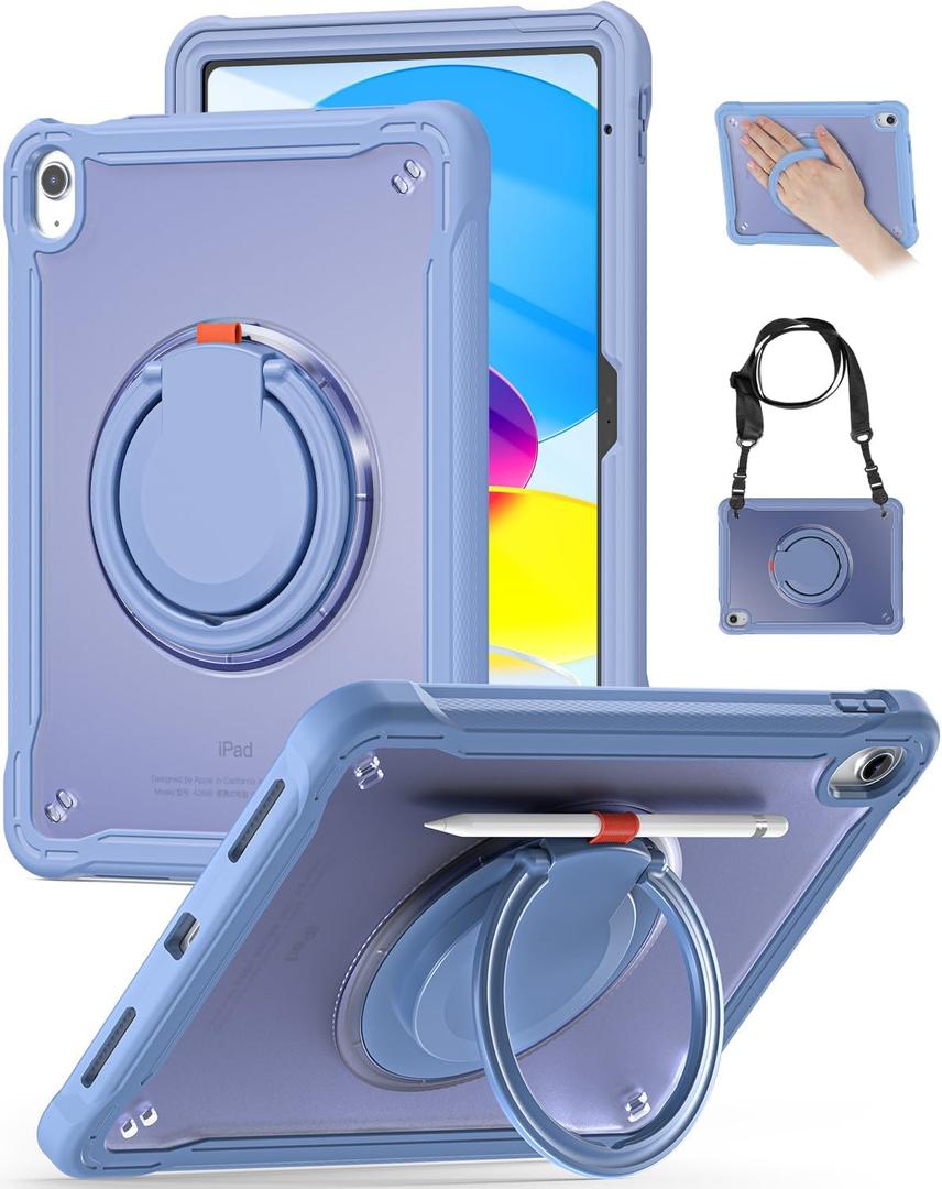 BRAECN for iPad (A16) 11th/10th Generation Case 11 inch 2025/10.9'' 2022 Handle Protective Cover 360 Rotating Ring Stand, Shockproof Dropproof Case for Kids Kickstand & Pencil Holder & Shoulder Strap (Lavender Grey)