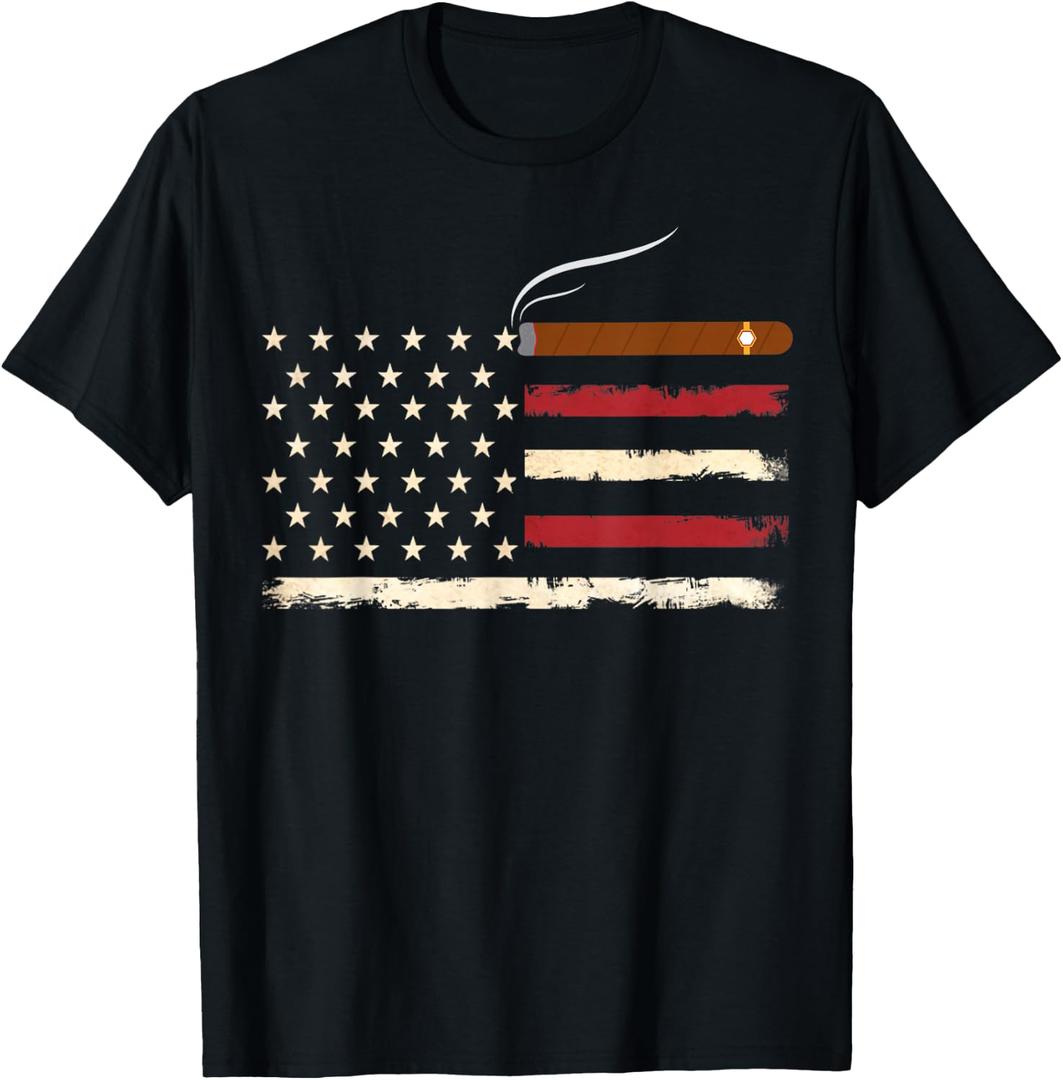Fun Cigar Smoking USA American Flag 4th of July Smoke Mens T-Shirt, Size S