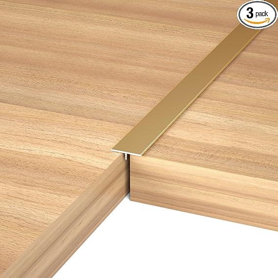 NeatiEase T Molding Aluminum Laminate Floor Transition Strip, Gold, 4ft x 0.8in (3pcs) - Flat Divider for Joining Floor Gaps, Threshold, Tiles