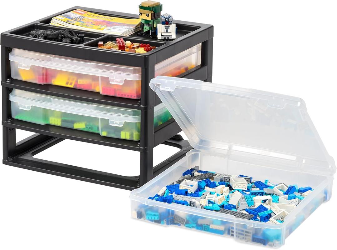 IRIS USA Fits 12" x 12" Paper, 3-Tier Scrapbook Storage Unit with Organizer Top, for Building Blocks Tools Office Art & Craft Supplies, Desktop, 3 Clear Cases w/ Built in Handle - Black/Clear