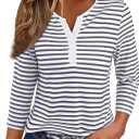 LilyCoco Women's 3/4 Sleeve Striped V Neck T Shirts Tunic Casual Button Shirt Black X-Large (White, XL)