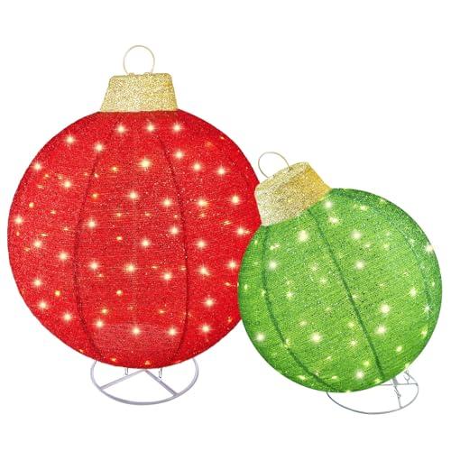 HOYECHI 2pc Lighted Pop-Up Outdoor Christmas Ornament Set – Holiday Ball Decorations with 200 LED Lights, 8 Lighting Modes, for Yard & Outdoor Christmas Decor - Red/Green