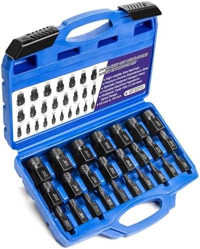 LLNDEI Screw Extractor Set Hex Head Multi-Spline Easy Out Bolt Extractor Set, EZ Out Rounded Screw Remover, 1/8 Inch to 7/8 Inch in 1/32-Inch Increments, CR-MO, 25 Pieces, Stripped Fastener Tool