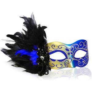 Masquerade Mask for Women Venetian Party Mask Costume Mask with Feathers for Cosplay, Halloween Prom Ball Decor (Blue)