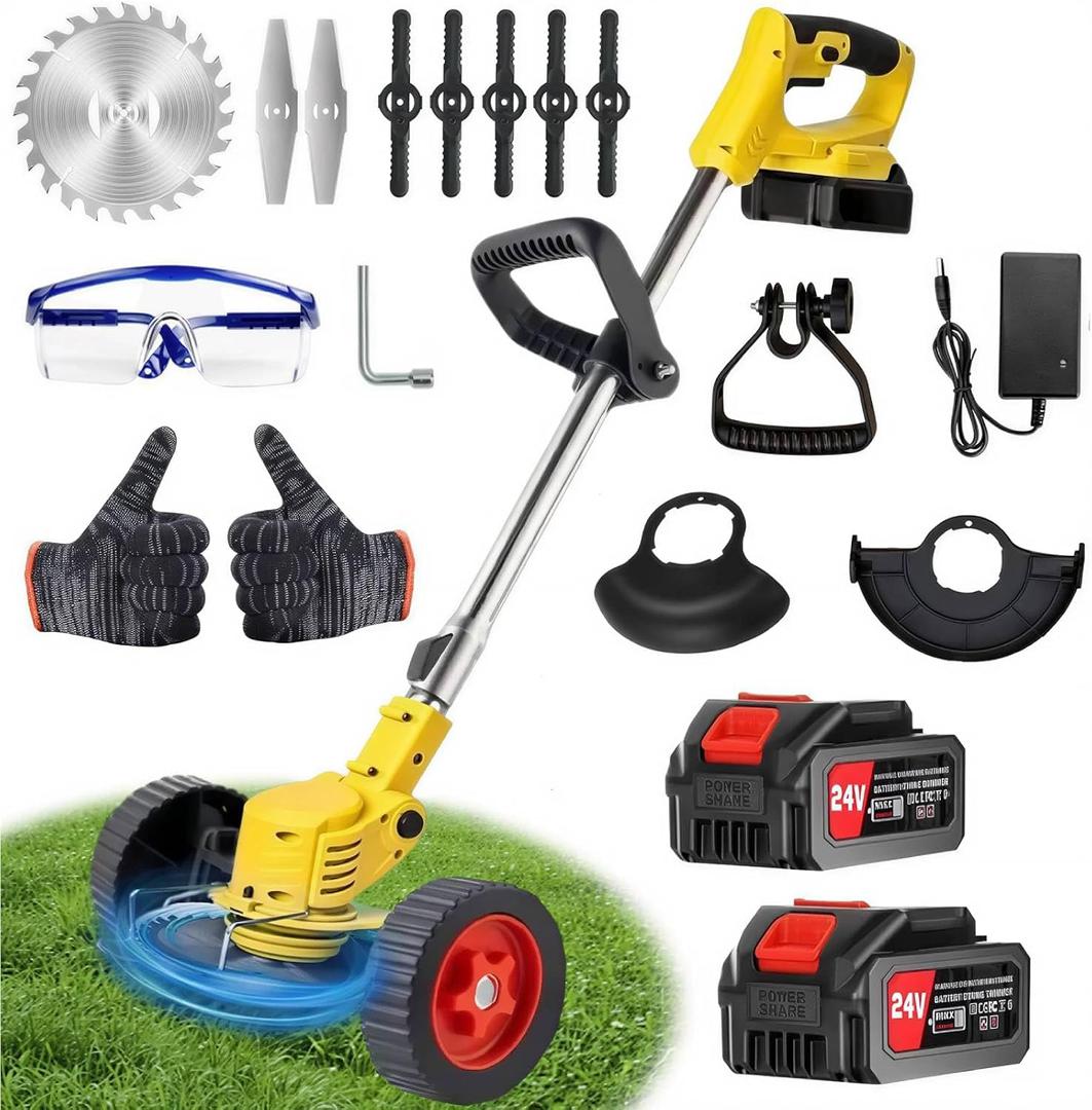 24V Electric Weed Wacker with Wheels, Cordless Grass Trimmer with 2x2000mAh Batteries & Charger, 3 in 1 Grass Stringless Lightweight Brush Cutter/Grass Trimmer/Lawn/Edger for Lawn, Garden and Yard