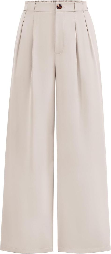 KIRUNDO Wide Leg Dress Pants for Women High Waisted Office Work Trousers Business Casual Slacks Button Flowy Palazzo Pant (Beige, L)