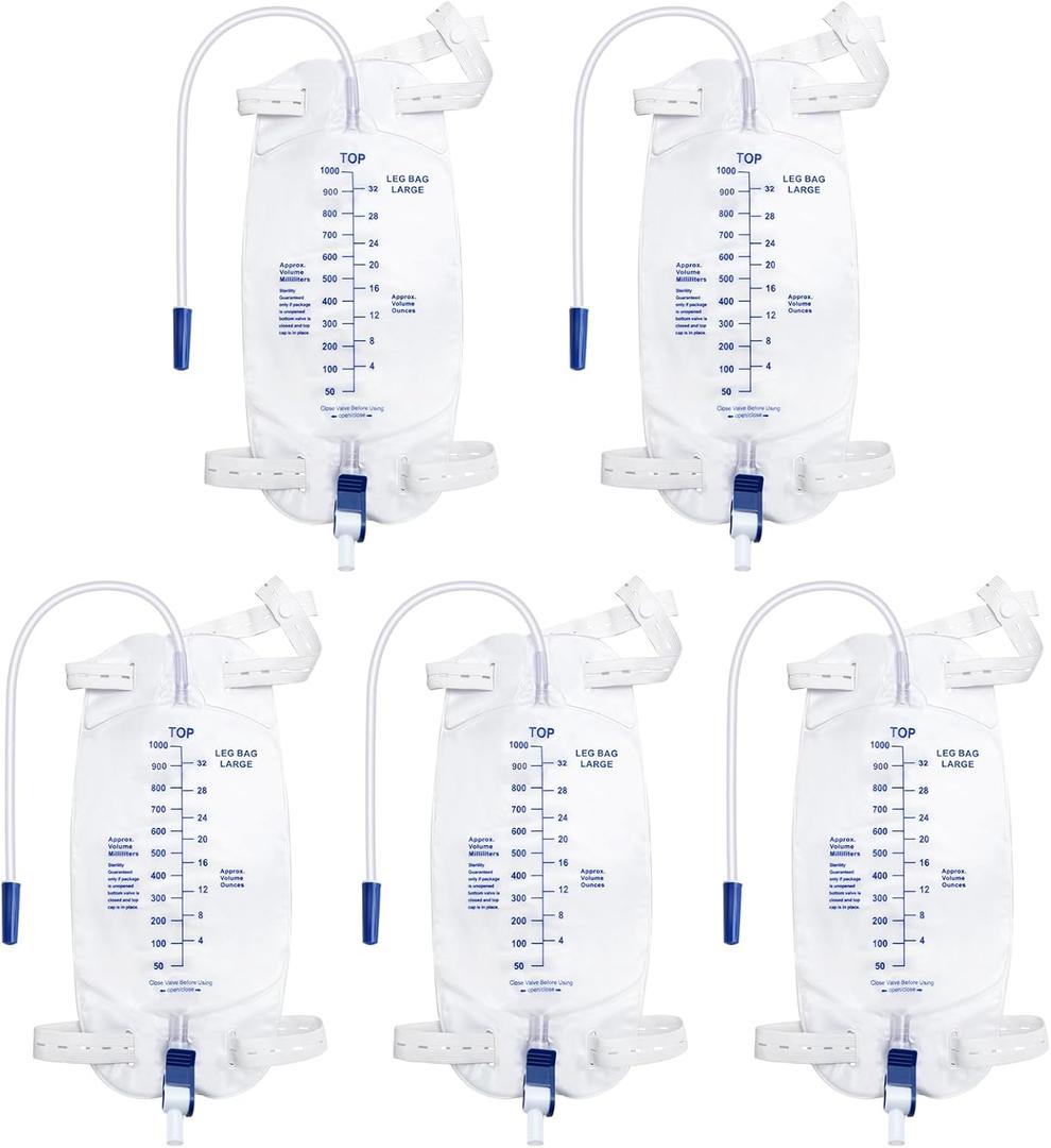 Catheter Bags for Men with 5PCS, Foley Catheter Leg Bags for Men 1000ML, Urine Bags for Easy Flip Drain Design