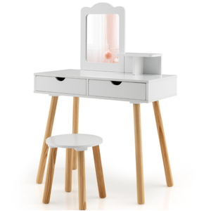 Kid Vanity Table Chair Set with Mirror Large Storage Drawers Wooden Legs White