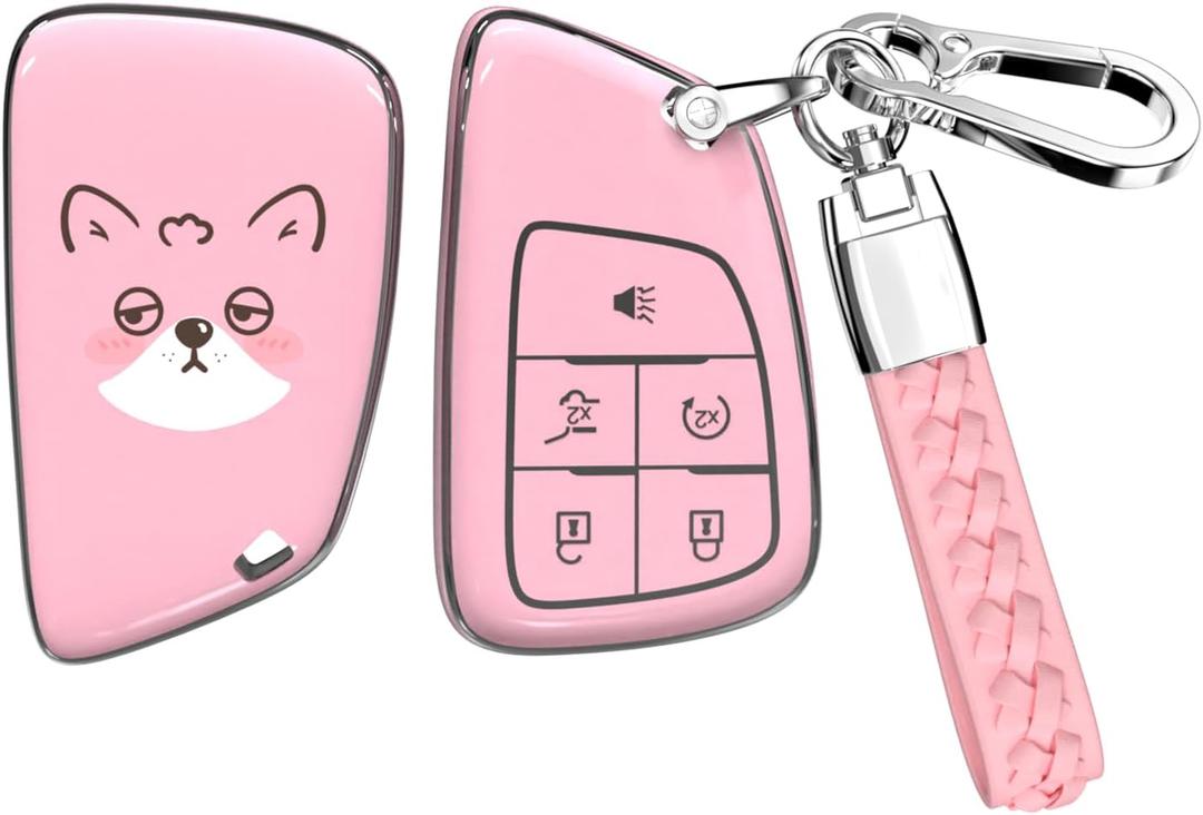 ACEBOY for Buick Key Fob Cover, Soft TPU Key Case with Keychain for Chevrolet Silverado Tahoe Equinox Traverse Suburban GMC Yukon Denali Terrain Sierra Buick Envision Acenir Encore (Pink,5 Buttons)