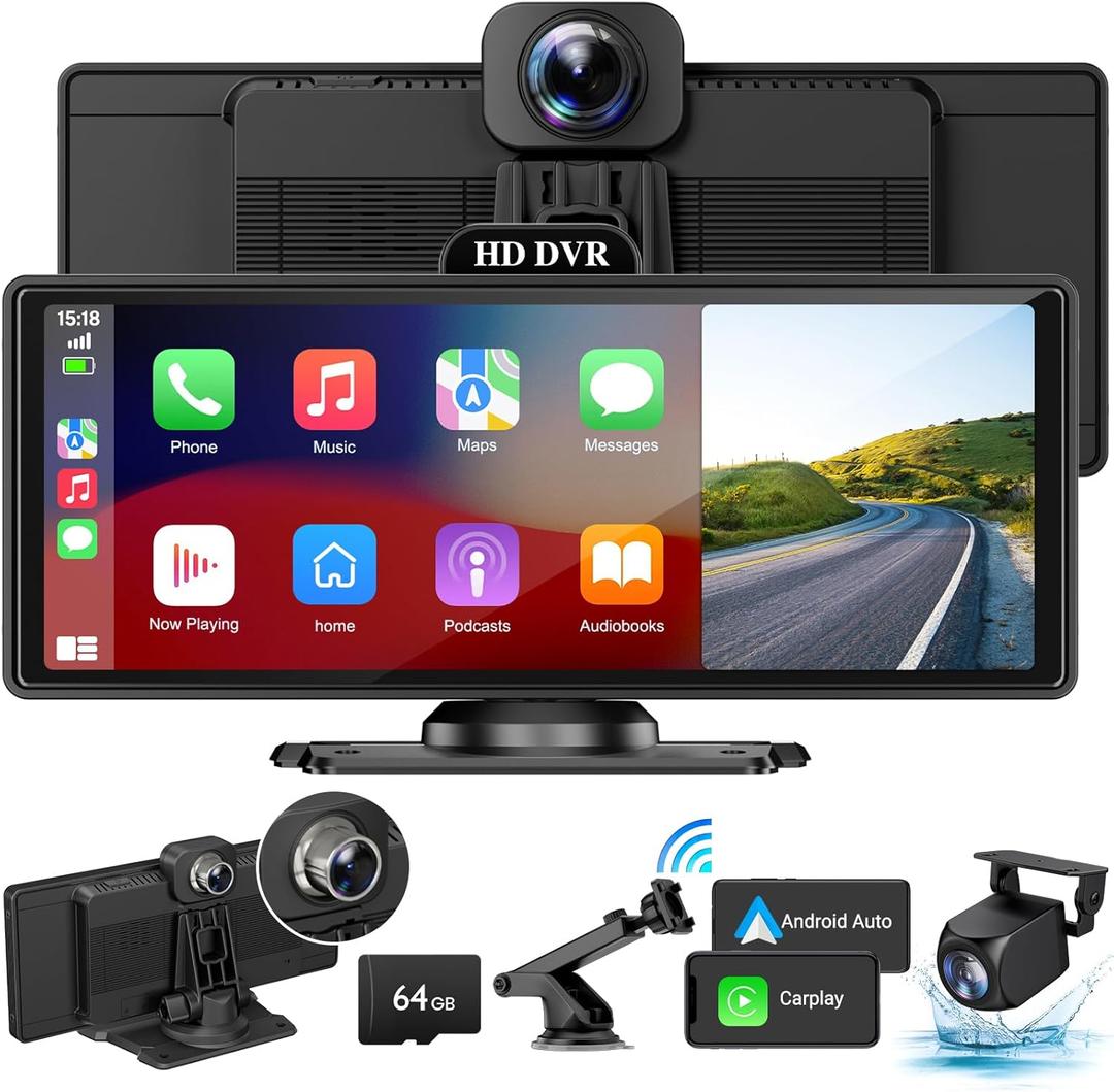 Wireless Apple Carplay Screen for Car with 4K Dash Cam, 10.26" Portable Apple Carplay & Android Auto, Car Stereo with 1080p Backup Camera, Voice Control/Mirror Link/GPS Navigation/BT, Black
