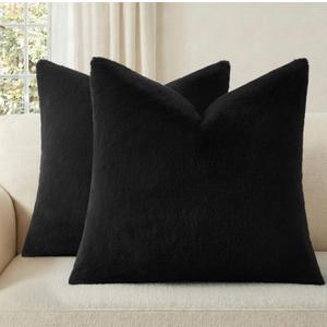 Pallene Faux Fur Plush Throw Pillow Covers 18x18 Set of 2, Luxury Soft Fluffy Cozy Decorative Pillow Covers for Sofa, Couch, Living Room, Black