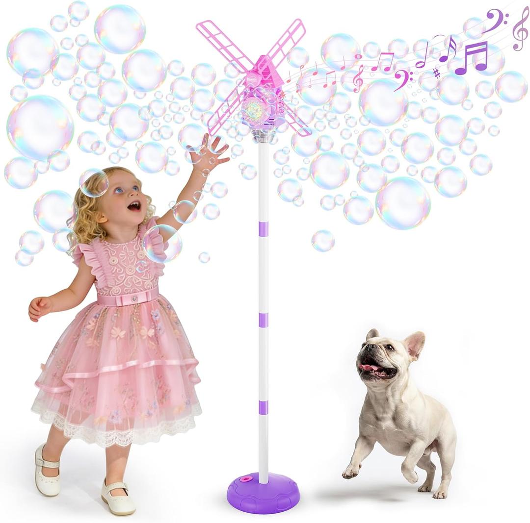 Belemar Windmill Bubble Machine for Kids & Girls, Standing Bubble Blower with Lights & Music, 51" Adjustable Height, 130ml Tank, Bubble Solution Included, Outdoor Toy for Parties & Birthdays
