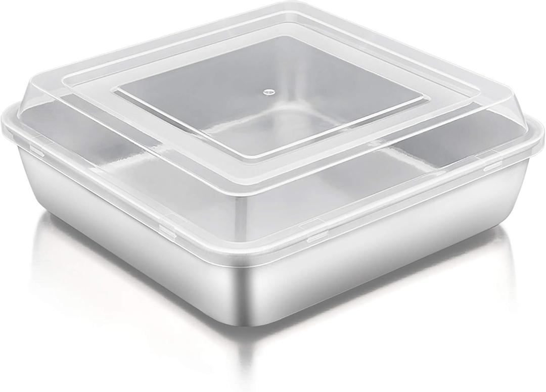 TeamFar Square Cake Pan with Lid (1 Pan & 1 Lid), 8 Inch Square Stainless Steel Baking Tray Cake Brownie Tin For Meal Prep Storage Transporting Food, Healthy & Sturdy, Dishwasher Safe (Silver)