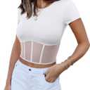 REORIA Women's Sexy Round Neck Short Sleeve Tees Summer Sheer Mesh T Shirt Trendy Y2K Going Out Crop Tops (White, L)