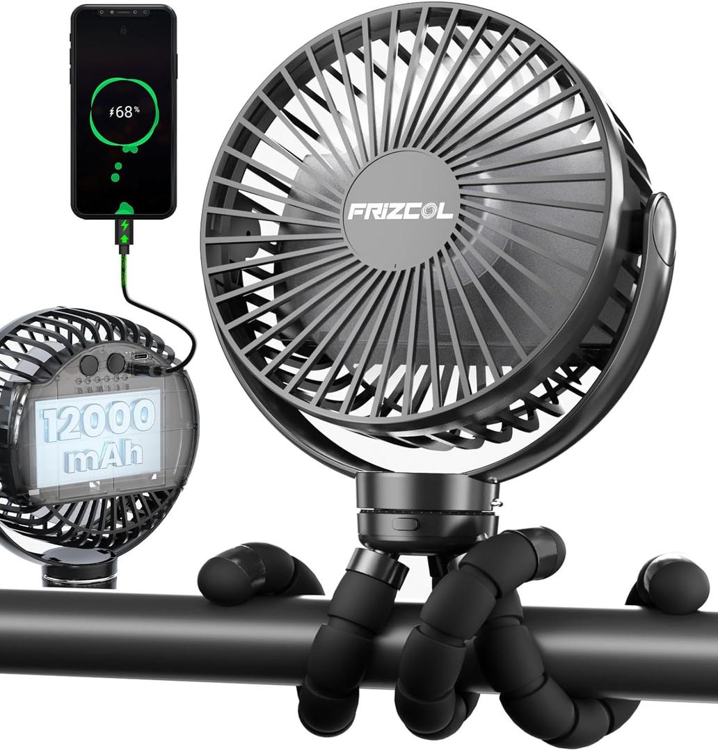 FRIZCOL Portable Stroller Fan, Use As Power Bank, 65H 12000mAh Battery Operated Fan Flexible Tripod Baby Car Seat Fans with Timming, Personal Mini Handheld/Desk/Small Clip On Fans For Stroller (Black)