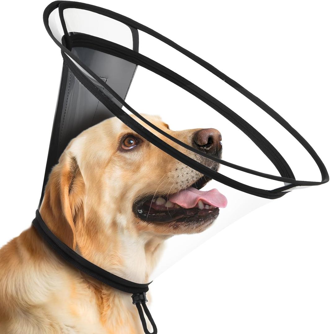 BONTHEE Clear Dog Cone CollarExtra-Long Recovery E-Collar for Dogs, Transparent Adjustable Dog Cones Alternative for Small Large Medium Size Dogs,Protective Neck Brace with Soft Edges-M