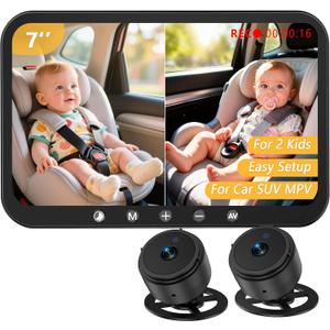 Dual Baby Car Camera HD 1080P: 3 Mins Easy Setup 7-Inch Recording Monitor Backseat Camera for 2 Kids with Clear Night Vision - USB Powered