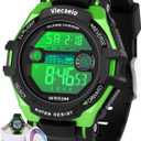 Kids Digital Watch for Boys Girls, Waterproof LED Colorful Lights Sports Watch Suitable for 5-17 Years Old Teenagers (with Gift Box) (Black with Green)