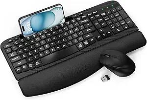 Wireless Keyboard and Mouse Combo, Full-Sized Ergonomic Wave Keys Keyboard with Memory Foam Wrist Rest & Phone Holder, 2.4G Quiet Keyboard Mouse Work Setup for PC Laptop, Office or Home (Black)