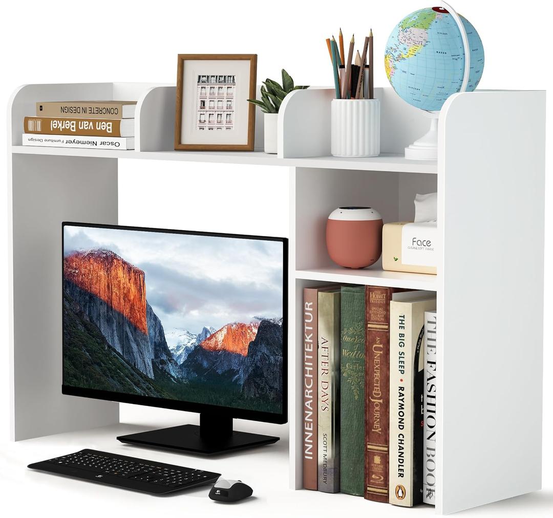 LANDVOI Desktop Bookshelf, Countertop Storage Hutch with 5 Shelves for Computer Desk, Desk Organizer for Home Office Dorm, Dressing Tabletop, Bar Countertop, White EDS01W, 37.2 x 10.24 x 24.61 inches