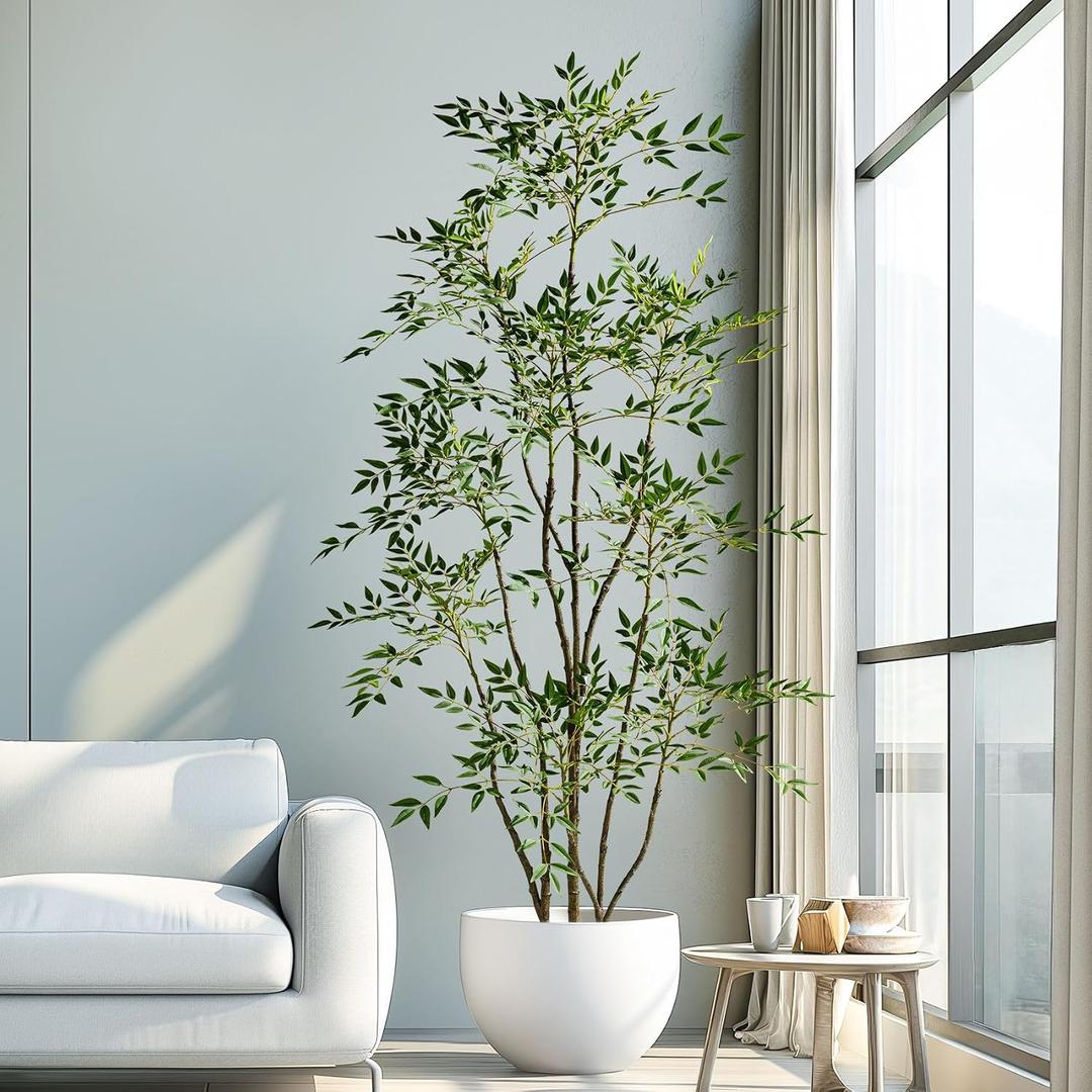 7.2ft Faux Bamboo Tree Artificial Nandina Tree Artificial Indoor Plants Realistic Fake Potted Tree with 800+ Leaves, Cement Planter - Home Office Decor Perfect for Housewarming Gift Non-Toxic