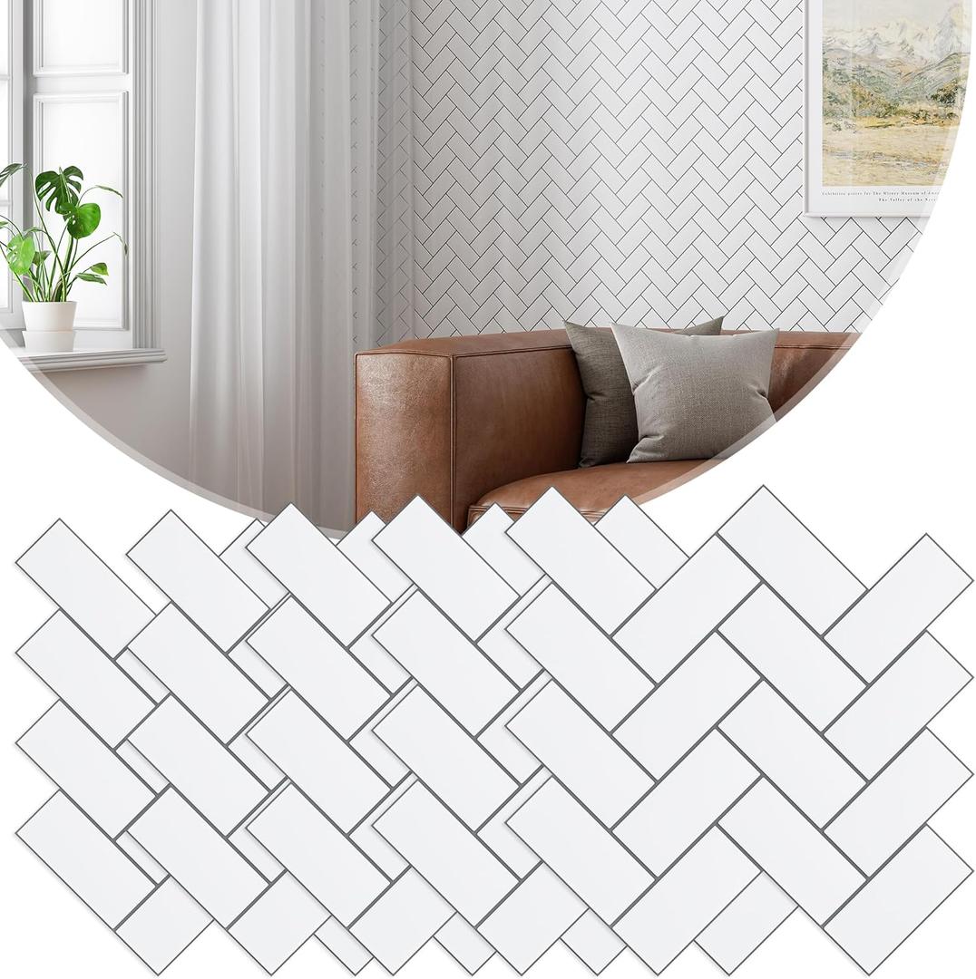 Peel and Stick Backsplash, 20-Pack Thickened Stick on Herringbone Tiles, Faux Ceramic Tiles for Kitchen, Bathroom, White