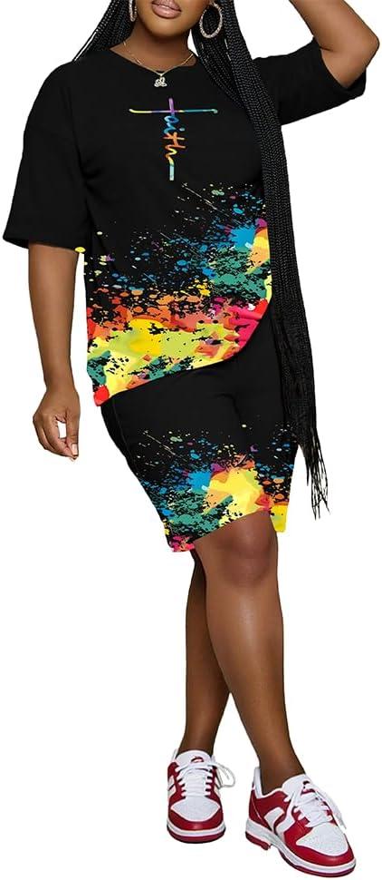 2 Piece Sets for Women Summer Casual Short Sleeve Top and Short Workout Jogger Sets (L)