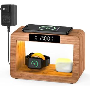Bamboo Wireless Charging Station, Night Light with Digital Alarm Clock, Nightstand Charging Station for Apple Devices, Fast Wireless Charger for iPhone/Apple Watch/AirPods Pro