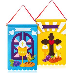 WATINC First Communion Banner Kit - Holy 1st Communion Felt Banner Kit Baptism Christian Cross DIY Craft Decorations, Make Your Own Sunday School Church Hanging Crafts Supplies for Boys Kids (2 Set)