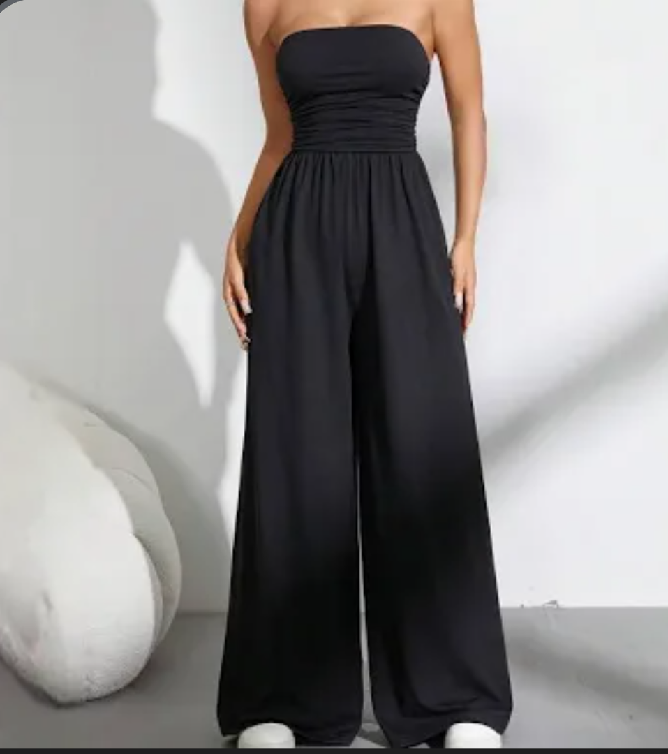 Loose Straight Leg Pants, Strapless Black Jumpsuit For Spring And Summer , Size M