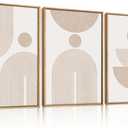 Large Neutral Beige Boho Framed Canvas Wall Art Set,Abstract Minimalist Arch Lines Wall Decor,Mid Century Modern Geometric Spiral Artwork for Living Room,Bedroom,Office-24 x36 x3
