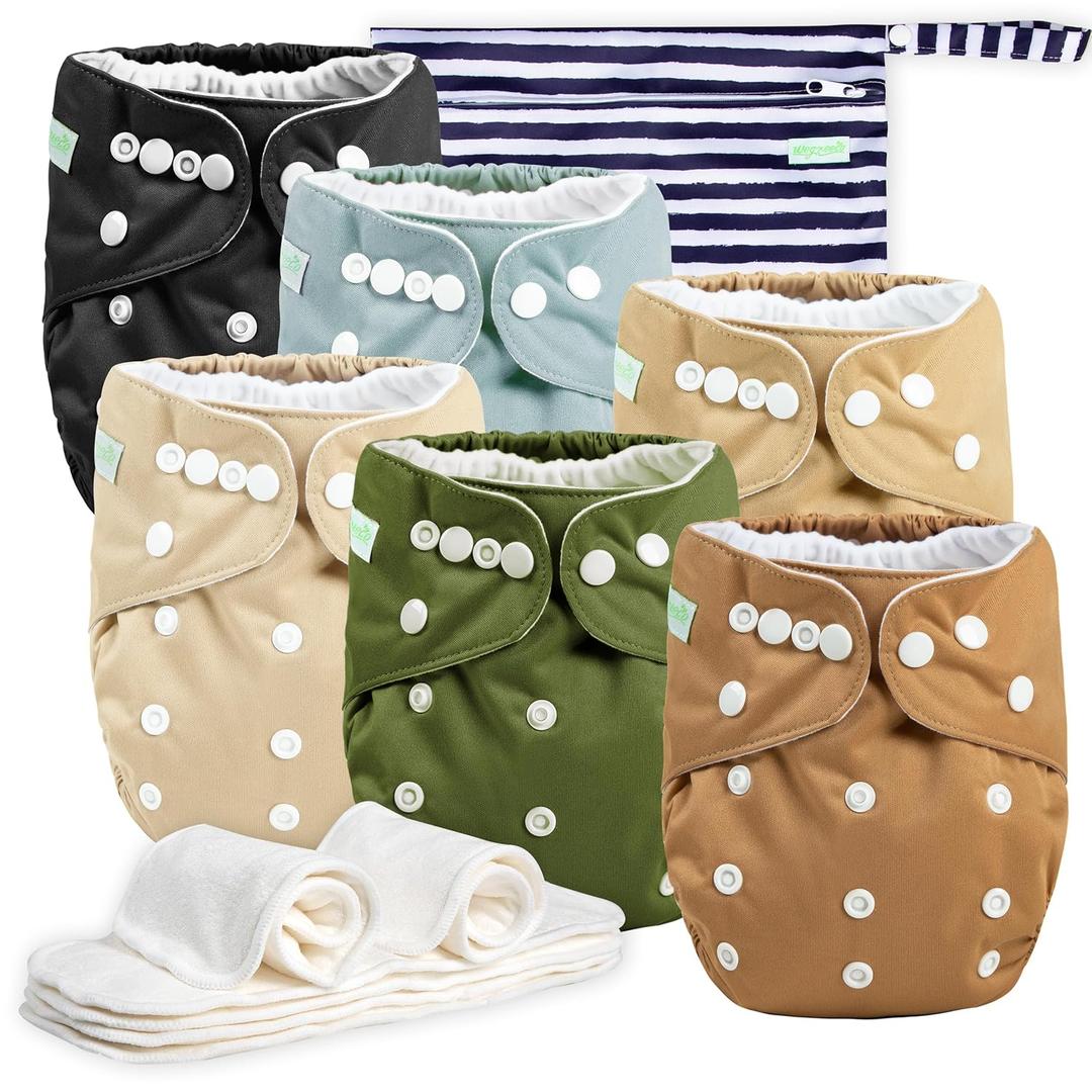 Wegreeco Cloth Diapers 6 Pack with 6 Inserts & 1 Wet Bag, Washable Cloth Diapers for Babies, One Size Adjustable Reusable 