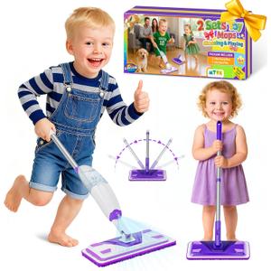 2 Set Toy Mop for Kids - Toddler Real Spray Mop and Flat Floor Mop Montessori Cleaning Toy Set, Educational and Fun Gifts for Boys and Girls Ages 4+