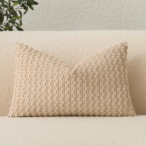 UGASA Velvet 12x20 Inch Lumbar Throw Pillow Cover, Both Sides Corduroy Striped, Soft Solid Decorative Rectangular Cushion Case for Couch/Bedroom/Car, 1 Piece, Beige