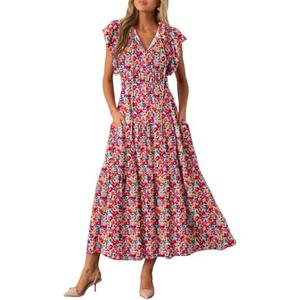 BLENCOT Womens Cotton Floral Maxi Dresses Casual Flowy Boho Dresses Summer Ruffle Short Sleeve V Neck Dress with Pockets Size L