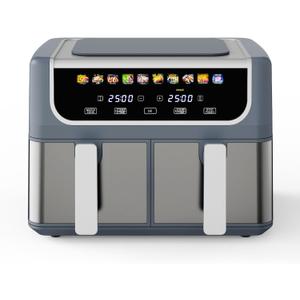 NEWBULIG Dual Air Fryer with 2 Baskets 9.5 QT, 10 in 1 Large Air Fryers with Ceramic Crisper Plate, Match Cook, Sync Finish, Shake Reminder, 80-450F Wide Temp, Roast, Defrost, Dehydrate, Bake, Grey, 15.9" * 13.9" * 11.46"