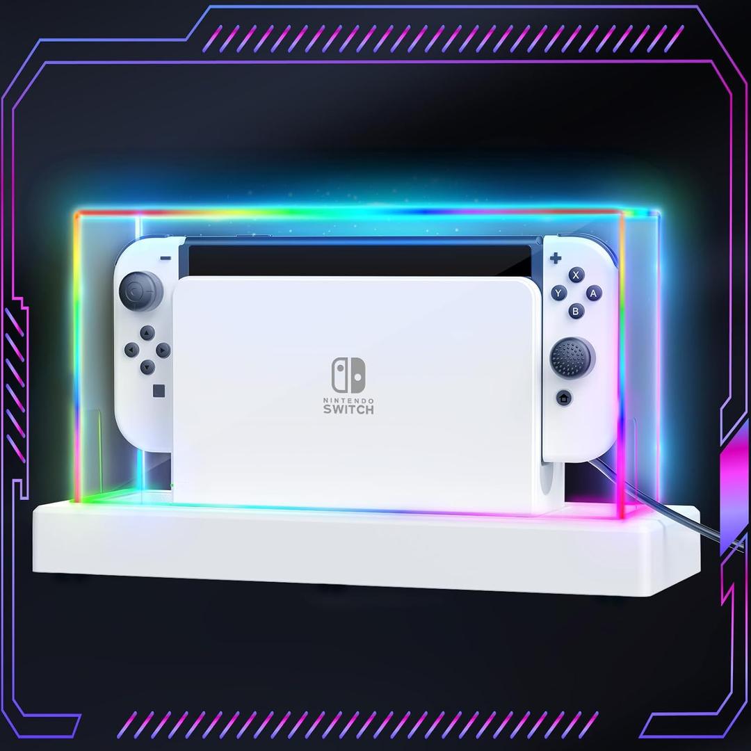 Switch Dust Cover with 16 LED Colors Light Base Compatible with Nintendo Switch/OLED, Acrylic Display Case Anti-Scratch Waterproof Dock Cover, Accessories for Nintendo Switch/OLED