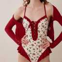 Women's Strawberry Print One Piece Beach Swimsuit with Cross-Back & Lace Trim,Tummy Control V Neck Bathing Suits (XL)