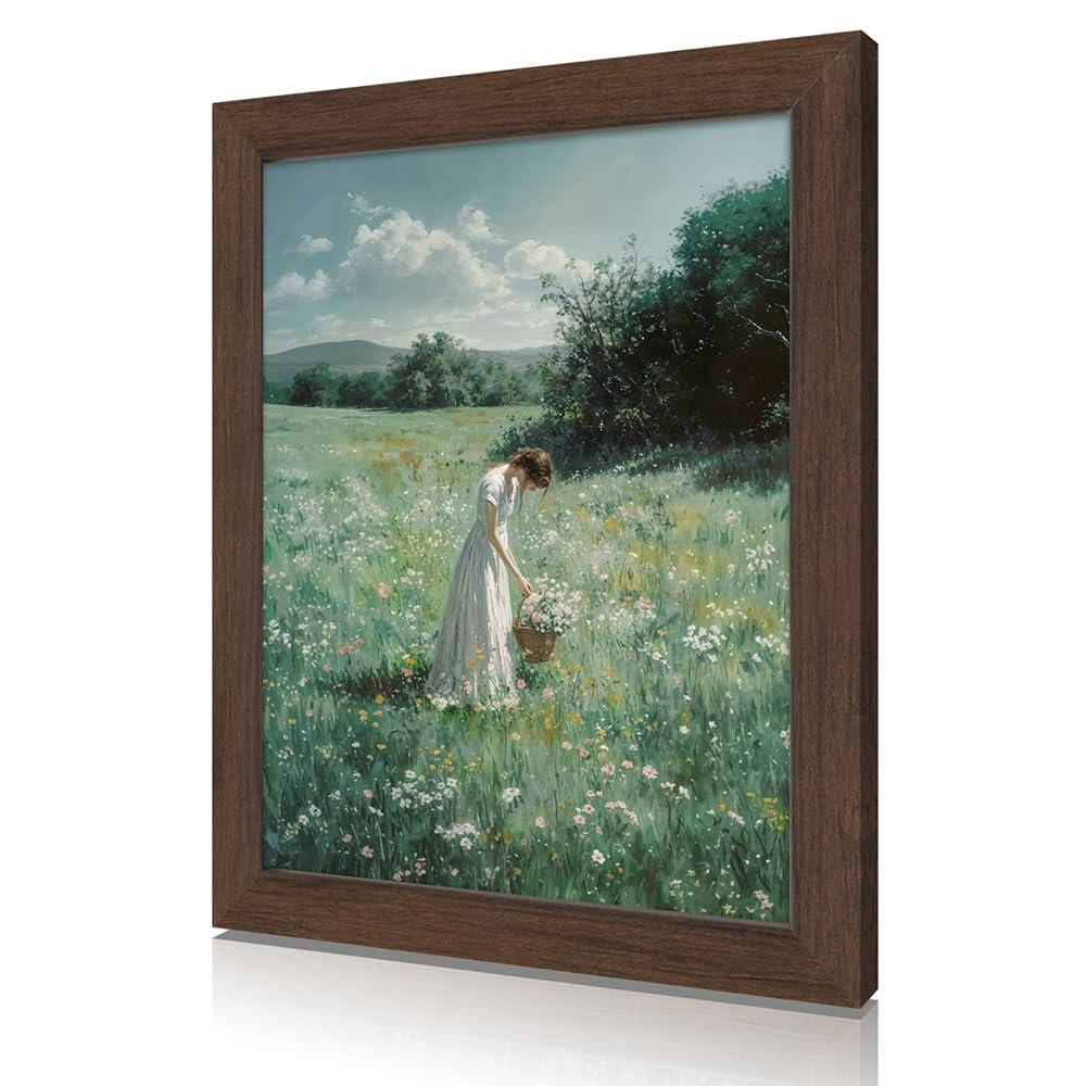 Framed Canvas Wall Art of Girl Picking Flowers in Meadow – Cottagecore Vintage-Style Landscape with Oil Painting Texture – Rustic Farmhouse Décor for Living Room or Bedroom – 16x24 inch