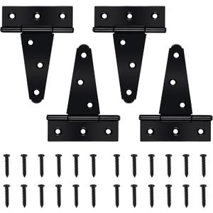 4 Pack 4 Inch T-Strap Shed Door Hinges Heavy Duty, Barn Door Gate Hinges with Screws, Tee Hinges for Wooden Fences, Yard, Patio Door, Black Wrought Hardware Iron Rustproof