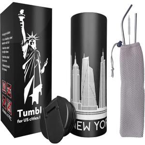 Vacuum Insulated Tumbler with Straw and Flip Lid Stainless Steel Water Bottle Iced Coffee Travel Mug Cup 15oz Gift Box Skyline Map (New York)