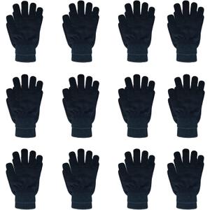 12 Pairs Black Winter Magic Gloves: Unisex Adult Stretchy Warm Knit Full Fingers Gloves for Teens Men Women (Black)