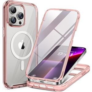 Miracase Magnetic for iPhone 13 Pro Max Case 6.7 inch, (Compatible with MagSafe) Upgrade Full-Body Clear Phone Bumper Case with Built-in 9H Tempered Glass Screen Protector, Magnetic Clear Pink