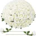 90 Pcs White Velvet Rose Artificial Flowers with Long Stems, Fake Silk Roses Real Touch Fake Roses Florals for Birthday Wedding Bouquet Party Arrangement Decorations