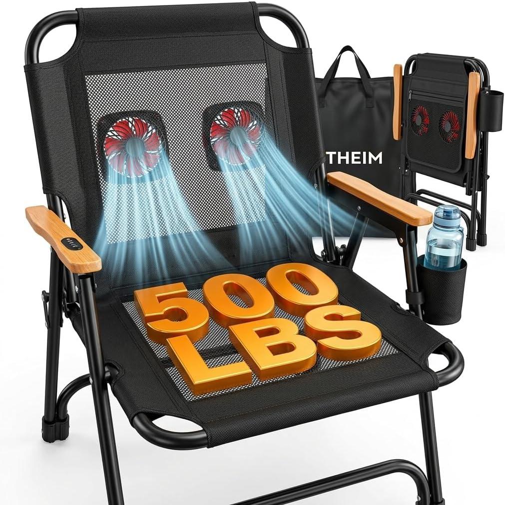 Camping Chair with Fan, Dual Cooling Fans, 500 lbs Heavy Duty Folding Chair, Breathable Mesh Back, Wooden Armrests, Cup Holder & Carry Bag for Camping, Beach & Festival | Big & Tall, Oversized