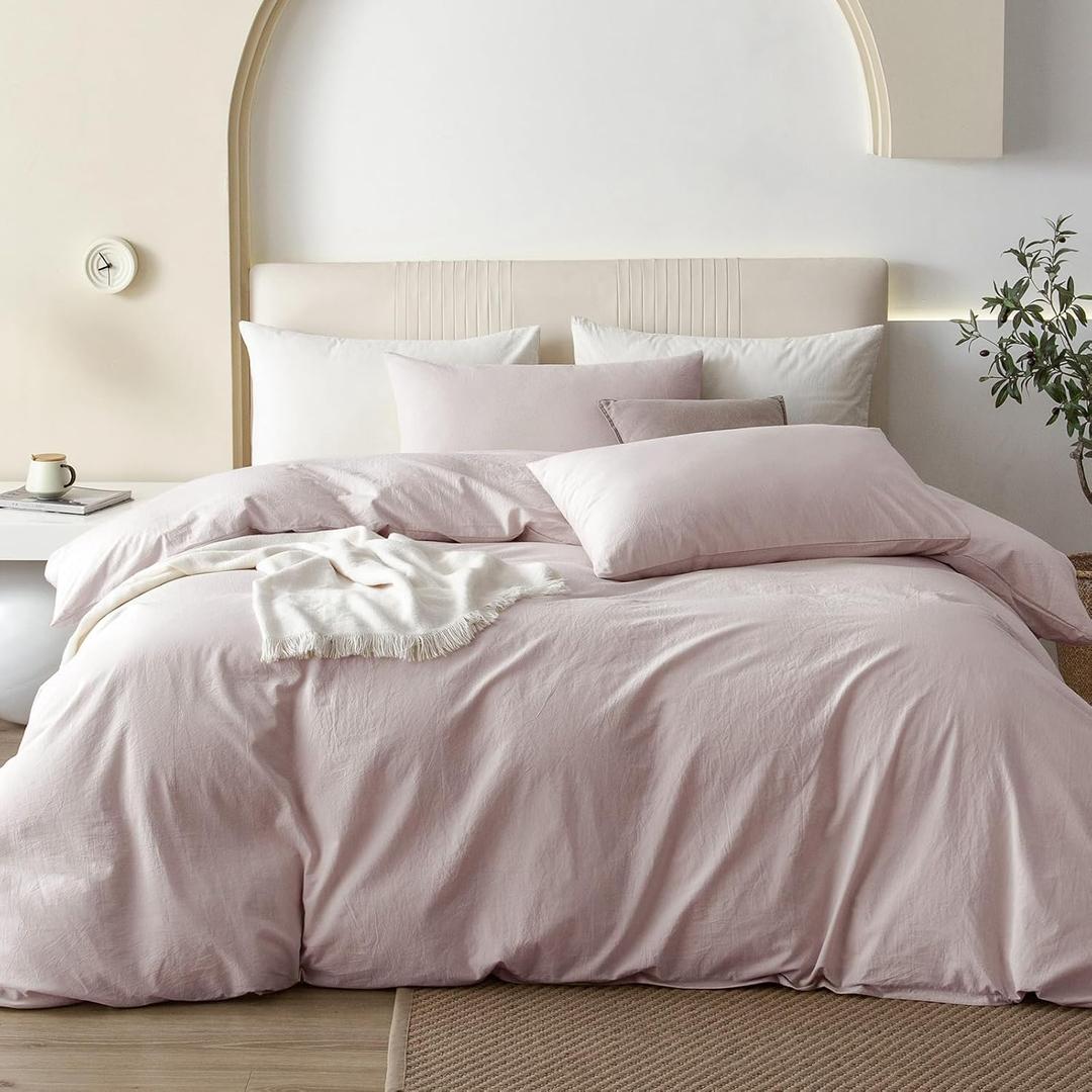 JIYUAN California King Duvet Cover Set, 3-Piece - 100% Washed Cotton, Linen-Like Soft & Breathable with Zipper Closure, Includes 104x98 Inch Cover & 2 Pillowcases, Heathered Greyish Pink
