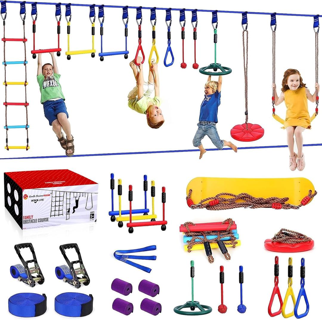2x65 FT Ninja Warrior Obstacle Course for Kids with 13 Ninja Accessories - 600lbs Weight Capacity, Slackline with Swing Seat, Disc Swing, Ninja Wheel, Rope Ladder, Monkey Bar, Ninja Ring, Arm Trainer (Blue Line 13 Obstacles)
