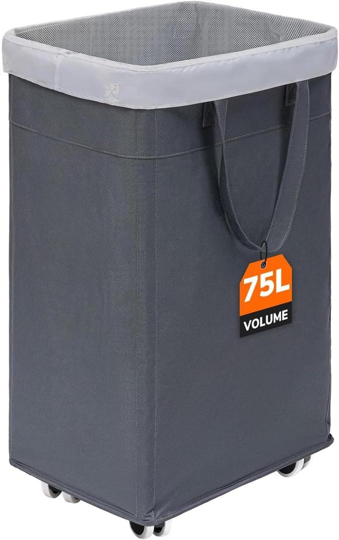 CHICVITA Rolling Laundry Basket with Wheels,75L Large Collapsible Laundry Hamper with Removable Wash Bag Space for Corner Dorms, Grey