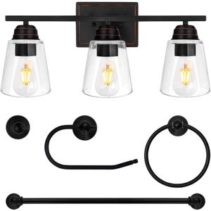 hykolity 3-Light Vanity Light Fixture, 5-Piece All-in-One Bathroom Set with Towel Bar, Ring, Robe Hook & Toilet Paper Holder for Bathroom Mirror Lighting, Oil Rubbed Bronze Wall Light with Glass Shade